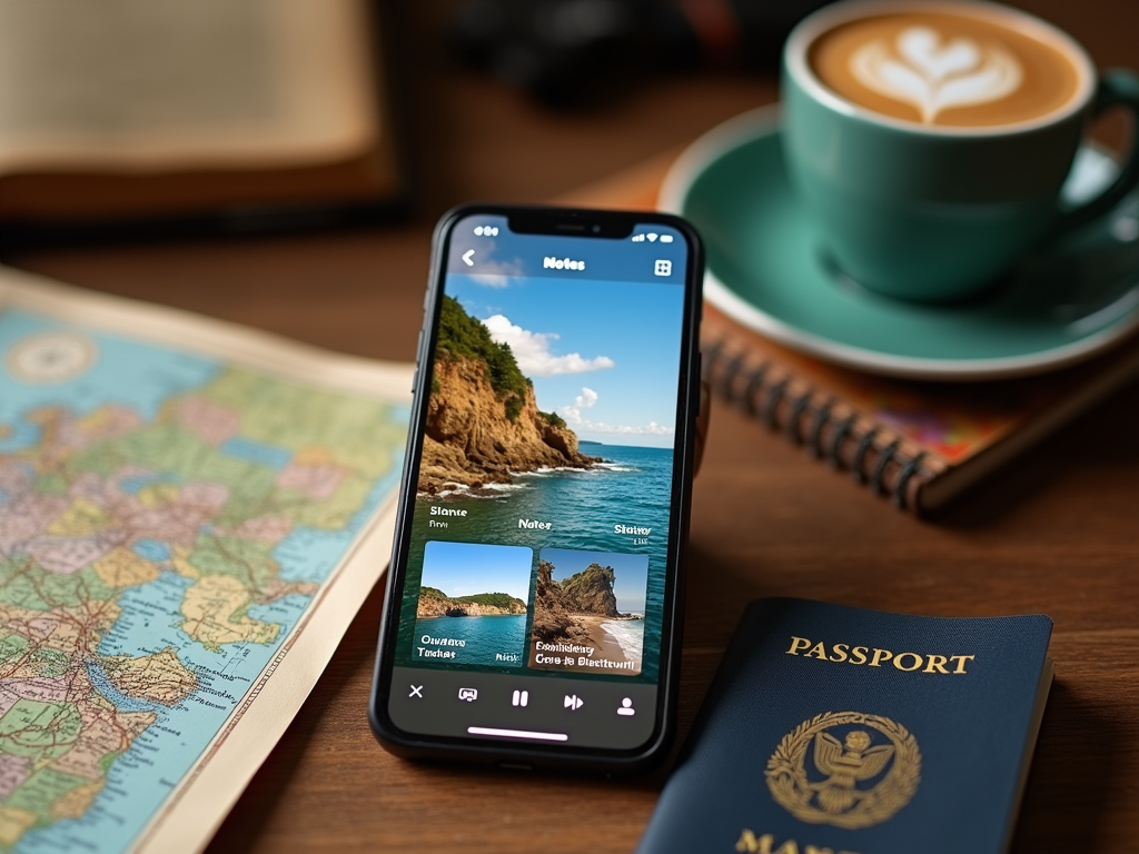 Смартфон на столе с открытым приложением фотоальбома, чашка кофе, паспорт и карта.