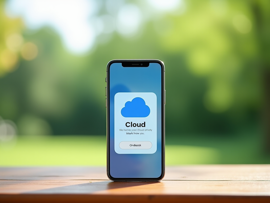 Смартфон на столе на фоне зелёной природы показывает экран с облачными услугами.