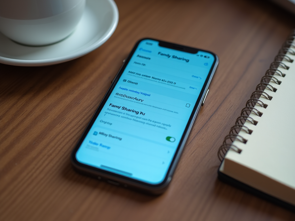 Смартфон на столе с открытым приложением для семейного доступа, рядом блокнот и чашка.