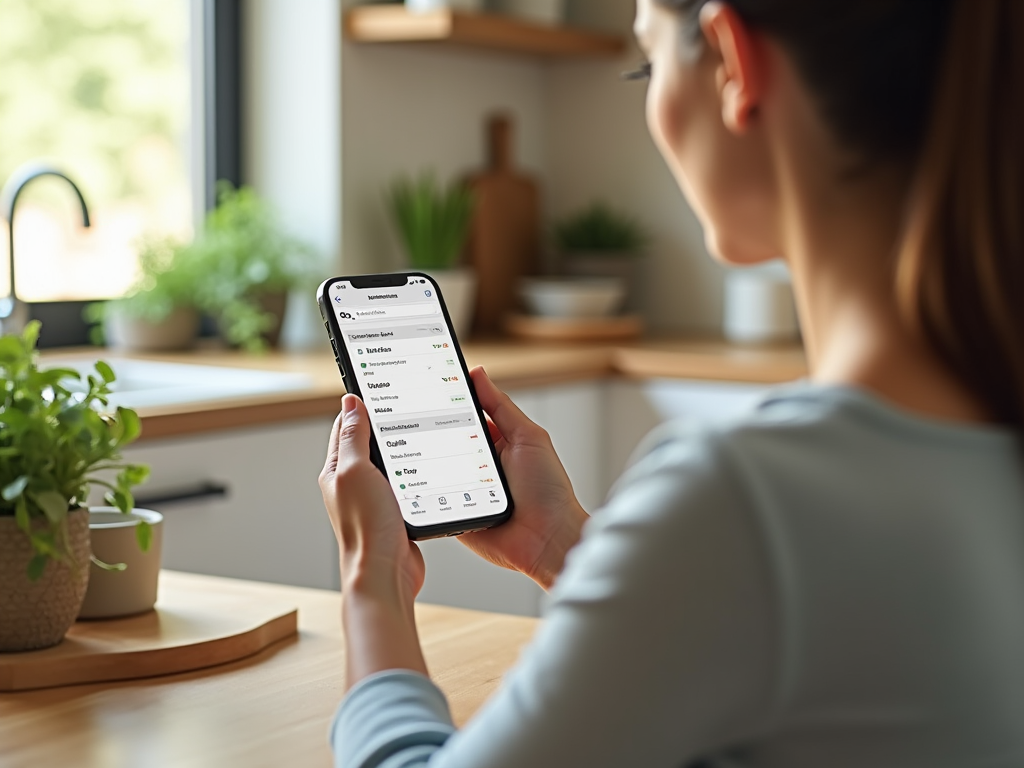 Женщина в кухне смотрит на смартфон с открытым приложением для финансов.