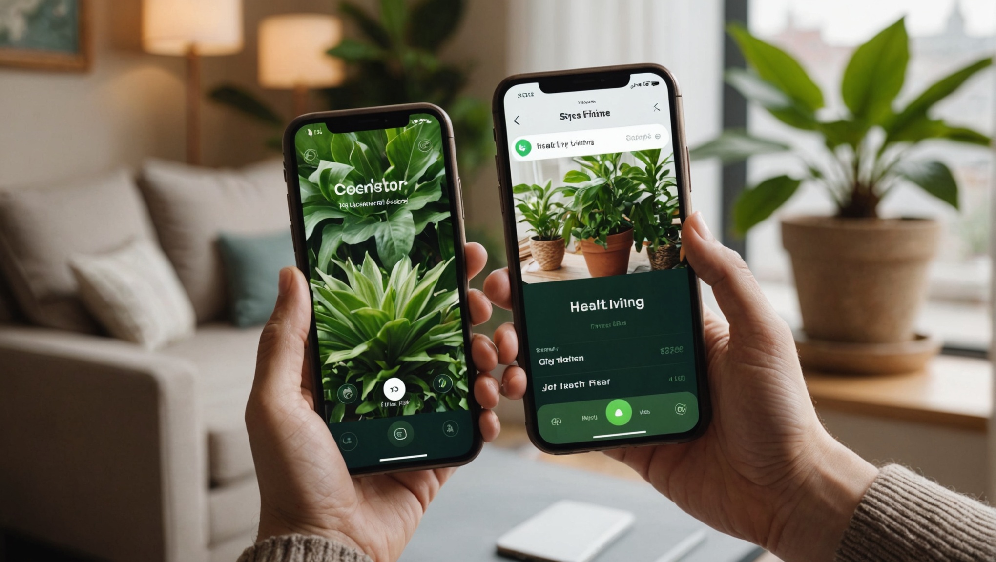 Две руки держат смартфоны с приложениями для ухода за растениями на фоне уютной комнаты.